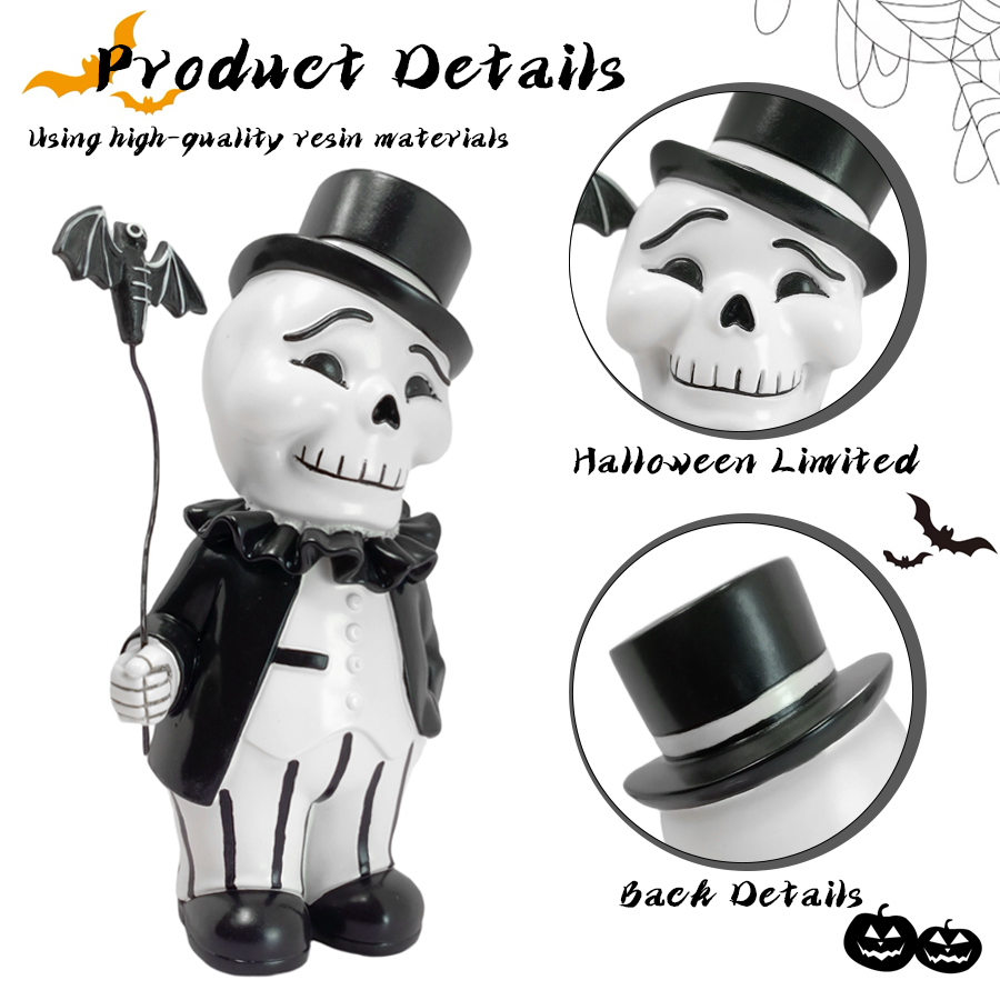 Halloween Gentleman Skeleton Figurine Resin Statue with Bat Balloon Retro Gothic Skull Man Ornament Spooky Tabletop Shelf Decor Halloween Party Indoor Home Decoration Holiday Gift