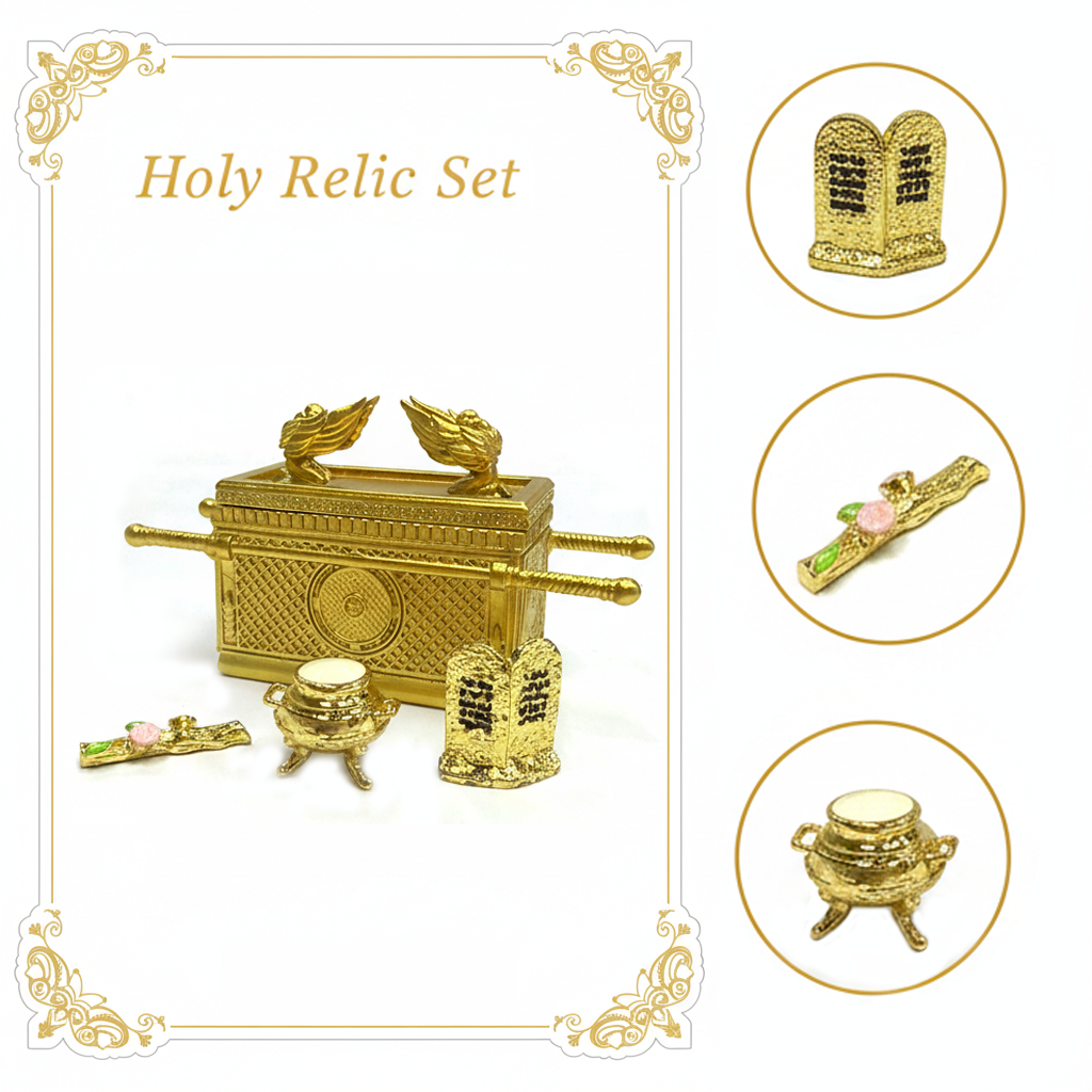 Golden Ark of the Covenant Replica Set with Contents – Biblical Testimony Statuette with Ten Commandments Tablets, Aaron's Rod, and Manna Pot