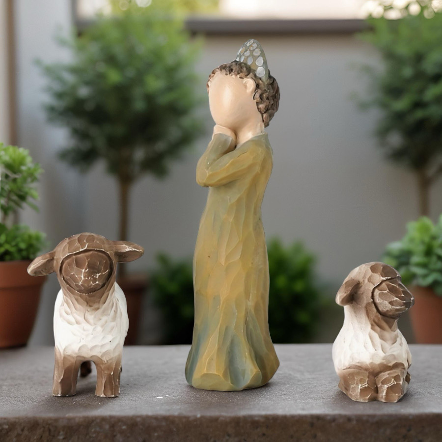 Rustic Resin Angel Figurine with Lambs - Minimalist Handcrafted Style Guardian Angel Statue, Spiritual Comfort Gift for Home Office Shelf Decor