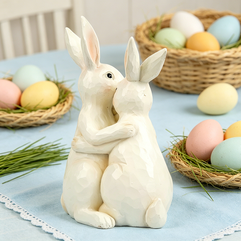 Resin Rabbit Family Statue - Rustic Sweet Bunny 3-Person Hugging Statue, Easter Gift for Parents and Babies, and Home Decor Shelf Decoration