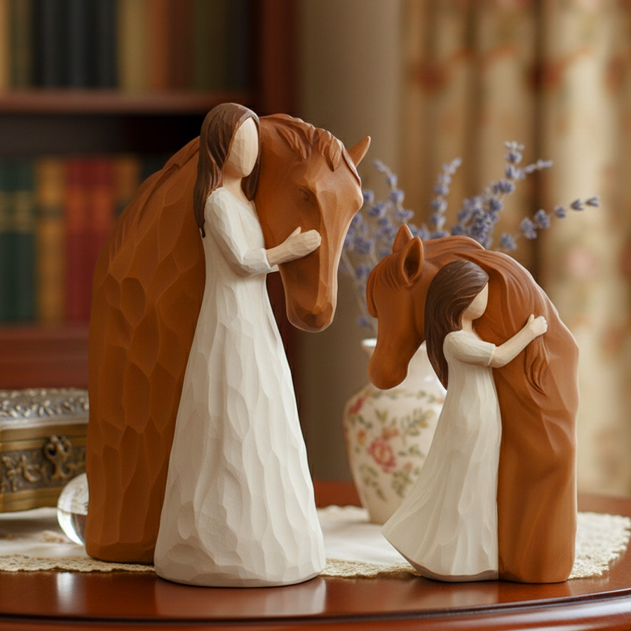 Girl Hug Horse Resin Figurine Hand Carved Texture Statue, Willow Tree Style Equestrian Tabletop Ornament, Home Shelf Decor Gift For Horse Lovers Women Rider Birthday Present
