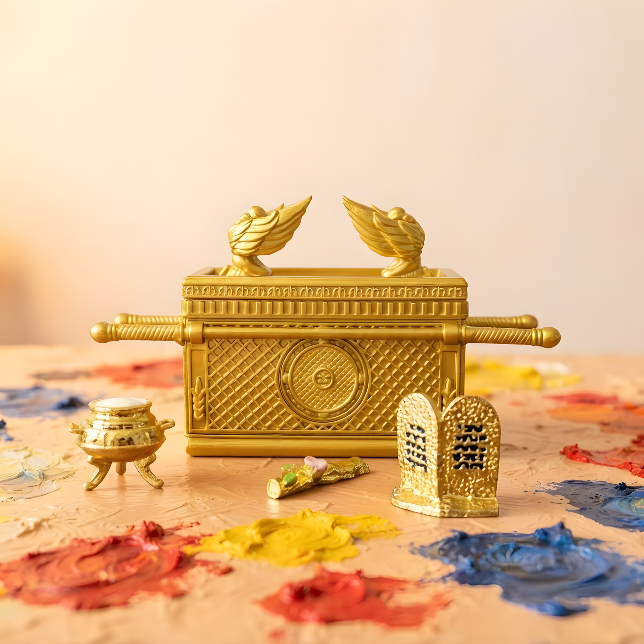 Golden Ark of the Covenant Replica Set with Contents – Biblical Testimony Statuette with Ten Commandments Tablets, Aaron's Rod, and Manna Pot