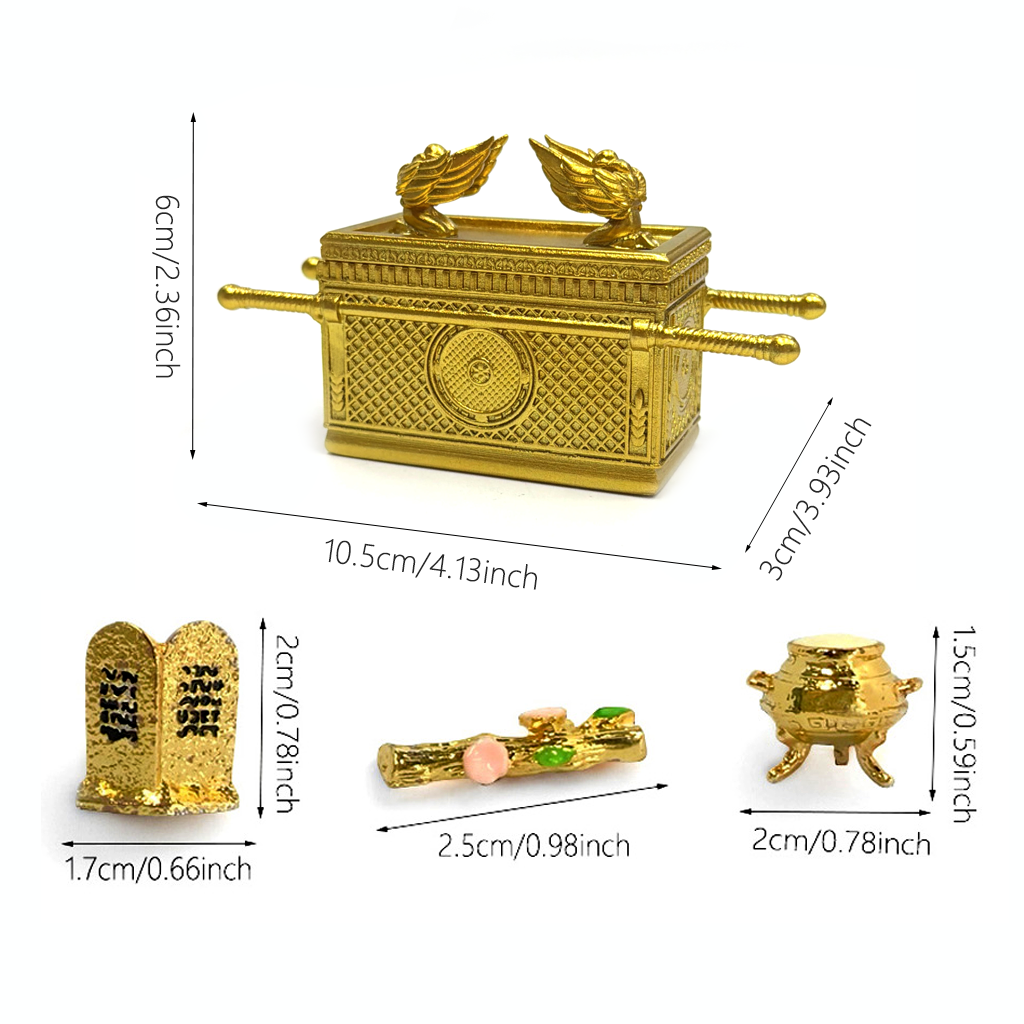 Golden Ark of the Covenant Replica Set with Contents – Biblical Testimony Statuette with Ten Commandments Tablets, Aaron's Rod, and Manna Pot