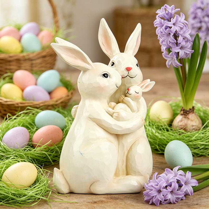 Resin Rabbit Family Statue - Rustic Sweet Bunny 3-Person Hugging Statue, Easter Gift for Parents and Babies, and Home Decor Shelf Decoration
