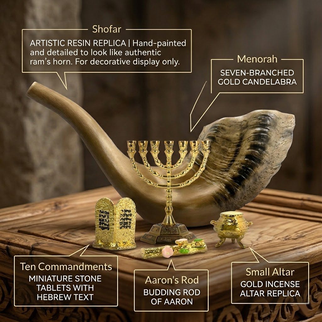 Judaica Religious Decor Set Natural Ram Horn Shofar 7 Branch Golden Menorah Mini Torah Tablets Olive Branch Incense Pot Jewish Table Ornament Gift for Rosh Hashanah Hanukkah