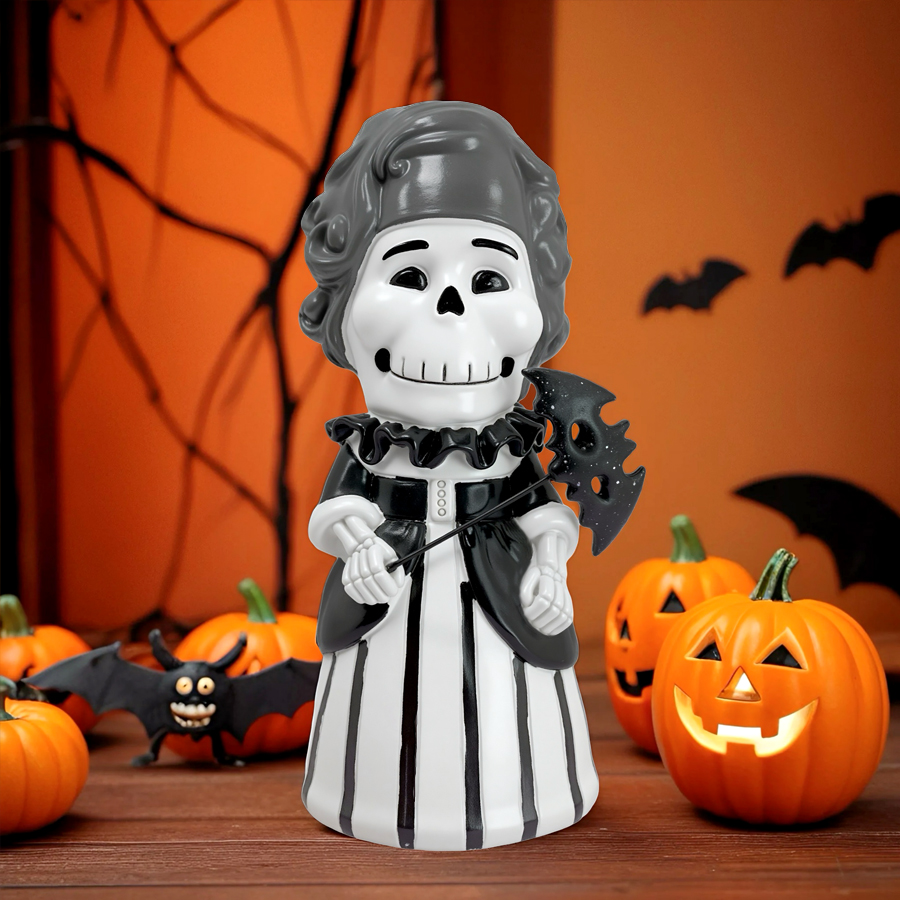 Halloween Skeleton Lady Figurine Resin Statue Vintage Ghost Witch Ornament with Scythe Spooky Tabletop Shelf Decor Halloween Party Home Decoration Horror Gift