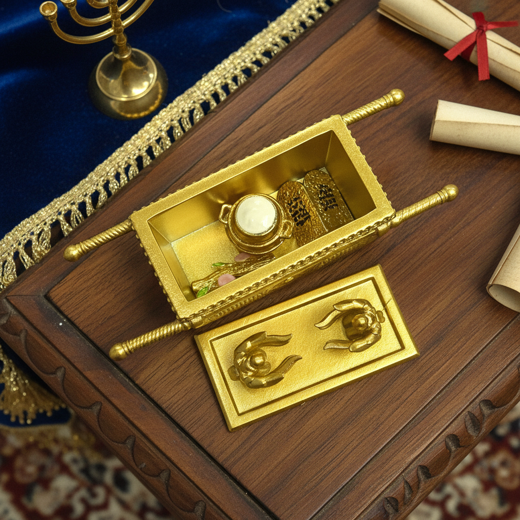 Golden Ark of the Covenant Replica Set with Contents – Biblical Testimony Statuette with Ten Commandments Tablets, Aaron's Rod, and Manna Pot