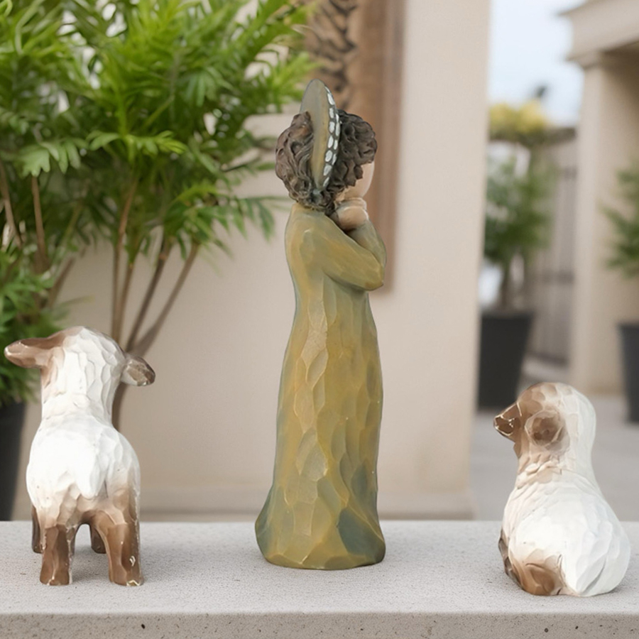 Rustic Resin Angel Figurine with Lambs - Minimalist Handcrafted Style Guardian Angel Statue, Spiritual Comfort Gift for Home Office Shelf Decor