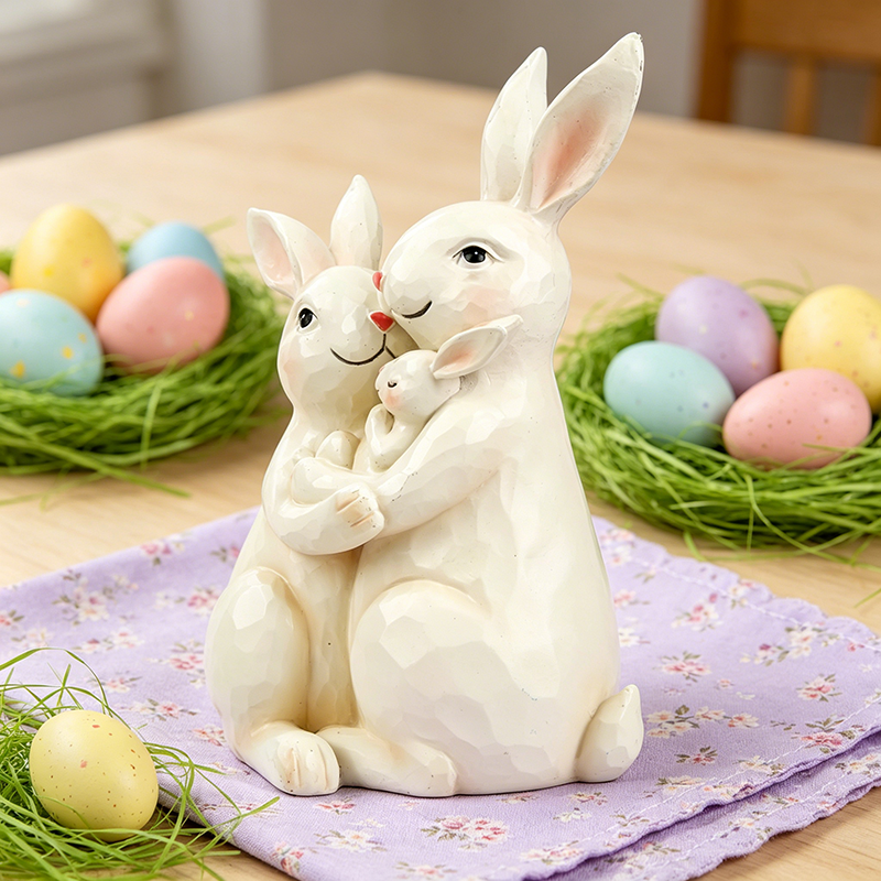 Resin Rabbit Family Statue - Rustic Sweet Bunny 3-Person Hugging Statue, Easter Gift for Parents and Babies, and Home Decor Shelf Decoration
