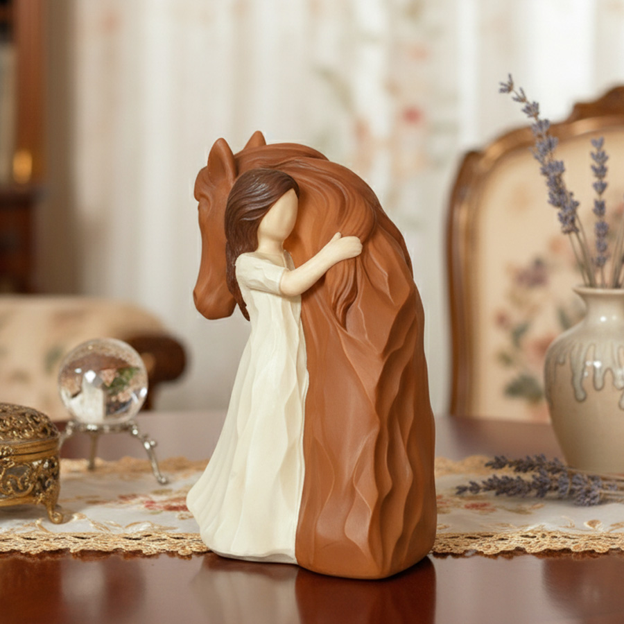 Girl Hug Horse Resin Figurine Hand Carved Texture Statue, Willow Tree Style Equestrian Tabletop Ornament, Home Shelf Decor Gift For Horse Lovers Women Rider Birthday Present