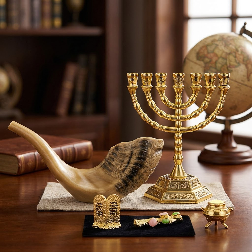 Judaica Religious Decor Set Natural Ram Horn Shofar 7 Branch Golden Menorah Mini Torah Tablets Olive Branch Incense Pot Jewish Table Ornament Gift for Rosh Hashanah Hanukkah