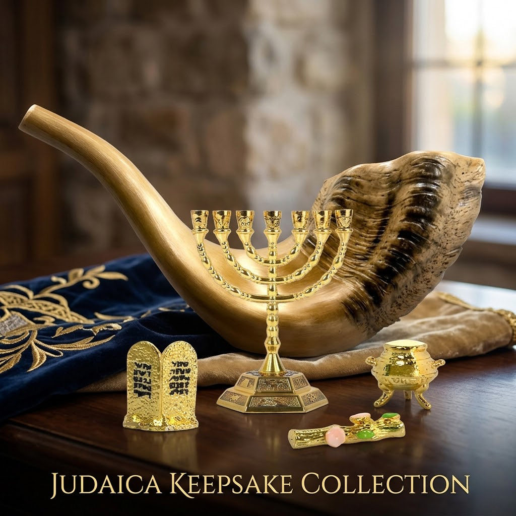 Judaica Religious Decor Set Natural Ram Horn Shofar 7 Branch Golden Menorah Mini Torah Tablets Olive Branch Incense Pot Jewish Table Ornament Gift for Rosh Hashanah Hanukkah