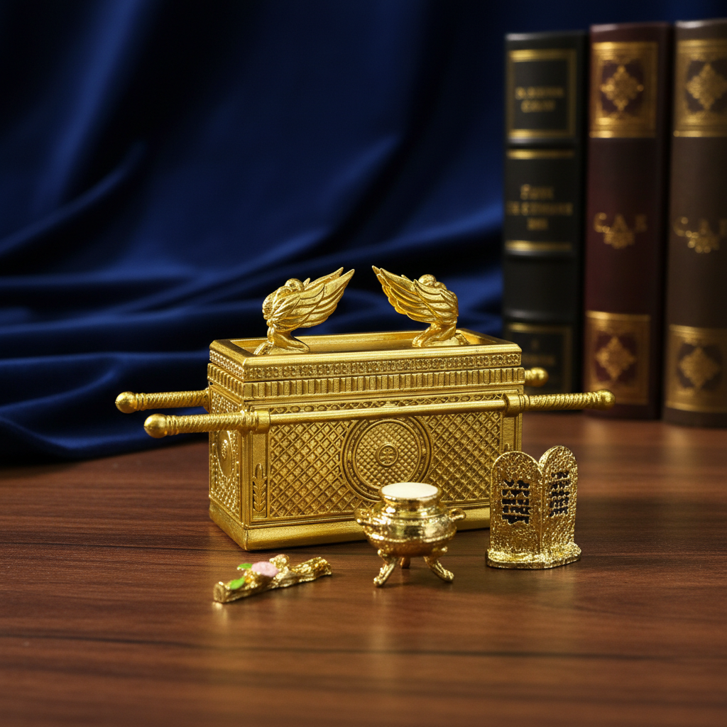 Golden Ark of the Covenant Replica Set with Contents – Biblical Testimony Statuette with Ten Commandments Tablets, Aaron's Rod, and Manna Pot