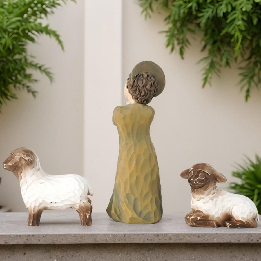 Rustic Resin Angel Figurine with Lambs - Minimalist Handcrafted Style Guardian Angel Statue, Spiritual Comfort Gift for Home Office Shelf Decor
