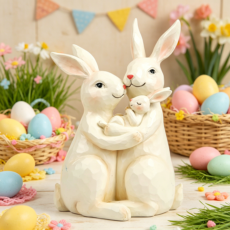 Resin Rabbit Family Statue - Rustic Sweet Bunny 3-Person Hugging Statue, Easter Gift for Parents and Babies, and Home Decor Shelf Decoration