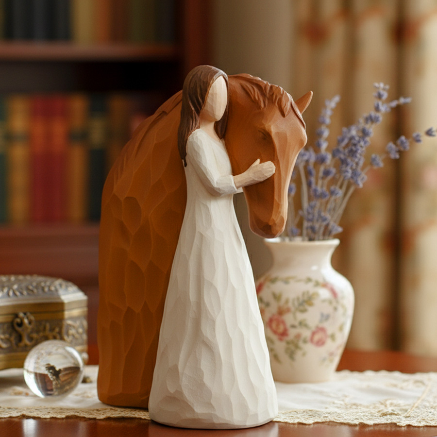 Girl Hug Horse Resin Figurine Hand Carved Texture Statue, Willow Tree Style Equestrian Tabletop Ornament, Home Shelf Decor Gift For Horse Lovers Women Rider Birthday Present