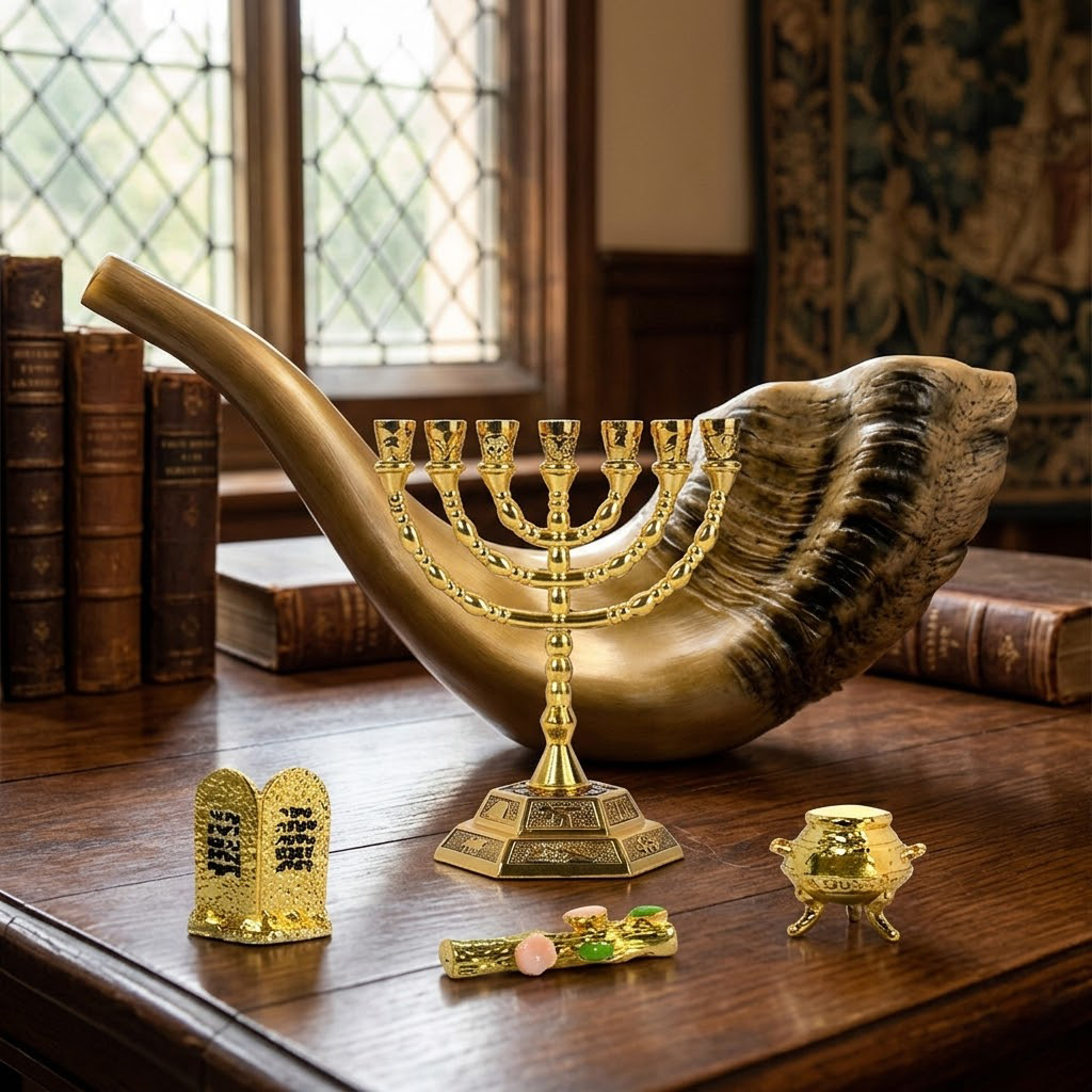 Judaica Religious Decor Set Natural Ram Horn Shofar 7 Branch Golden Menorah Mini Torah Tablets Olive Branch Incense Pot Jewish Table Ornament Gift for Rosh Hashanah Hanukkah
