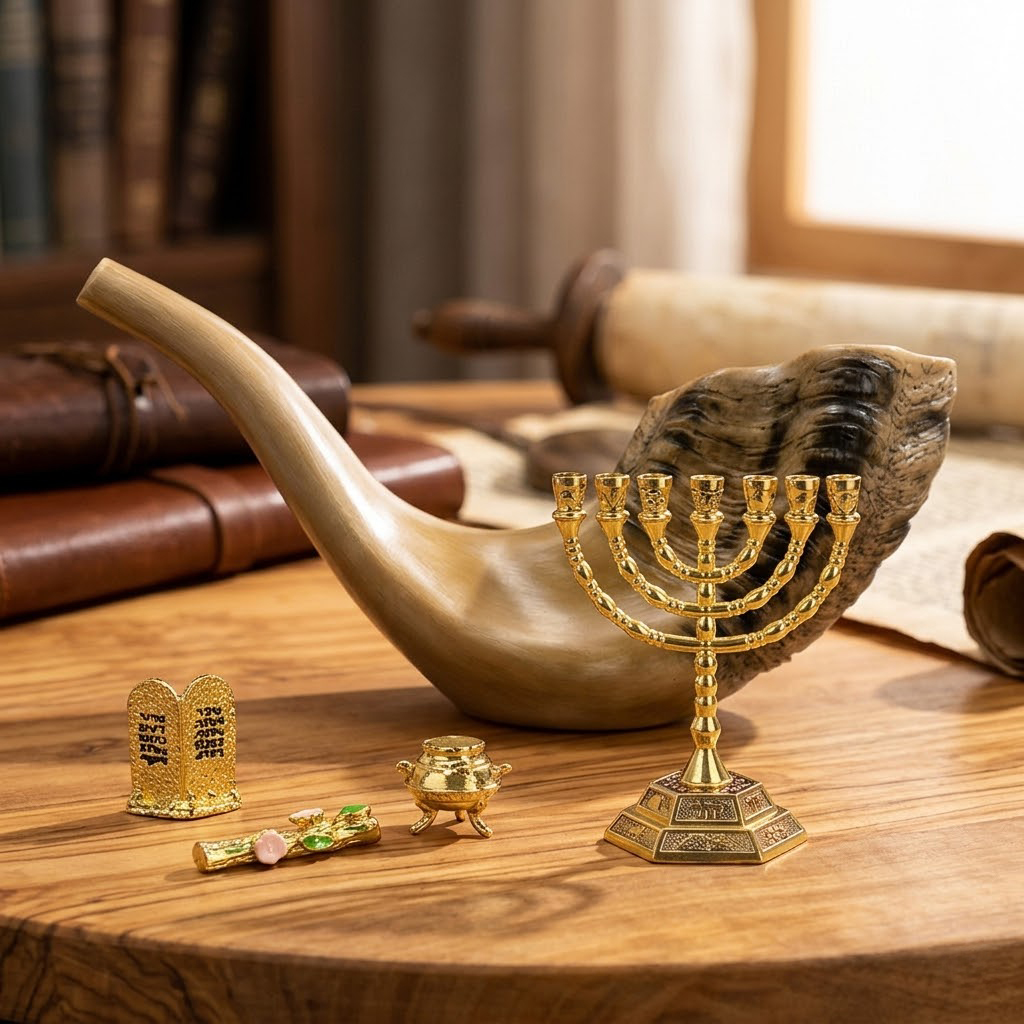 Judaica Religious Decor Set Natural Ram Horn Shofar 7 Branch Golden Menorah Mini Torah Tablets Olive Branch Incense Pot Jewish Table Ornament Gift for Rosh Hashanah Hanukkah