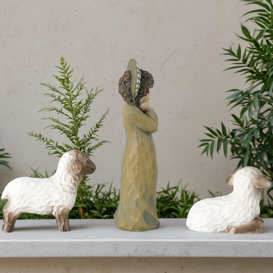 Rustic Resin Angel Figurine with Lambs - Minimalist Handcrafted Style Guardian Angel Statue, Spiritual Comfort Gift for Home Office Shelf Decor