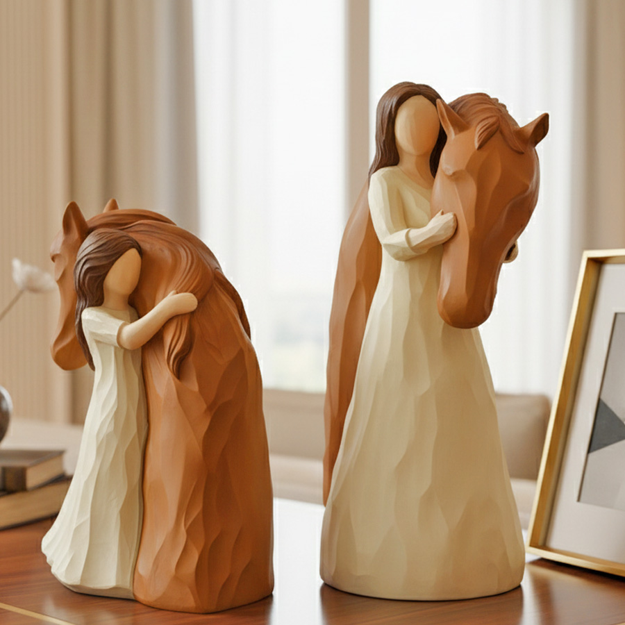 Girl Hug Horse Resin Figurine Hand Carved Texture Statue, Willow Tree Style Equestrian Tabletop Ornament, Home Shelf Decor Gift For Horse Lovers Women Rider Birthday Present