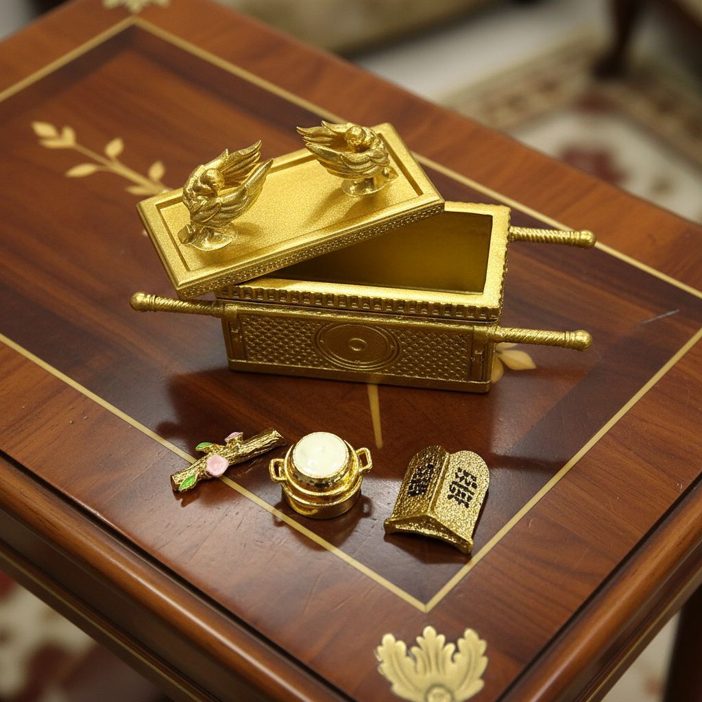 Golden Ark of the Covenant Replica Set with Contents – Biblical Testimony Statuette with Ten Commandments Tablets, Aaron's Rod, and Manna Pot