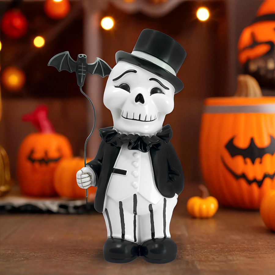Halloween Gentleman Skeleton Figurine Resin Statue with Bat Balloon Retro Gothic Skull Man Ornament Spooky Tabletop Shelf Decor Halloween Party Indoor Home Decoration Holiday Gift