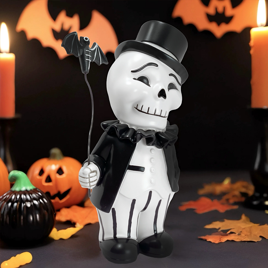 Halloween Gentleman Skeleton Figurine Resin Statue with Bat Balloon Retro Gothic Skull Man Ornament Spooky Tabletop Shelf Decor Halloween Party Indoor Home Decoration Holiday Gift