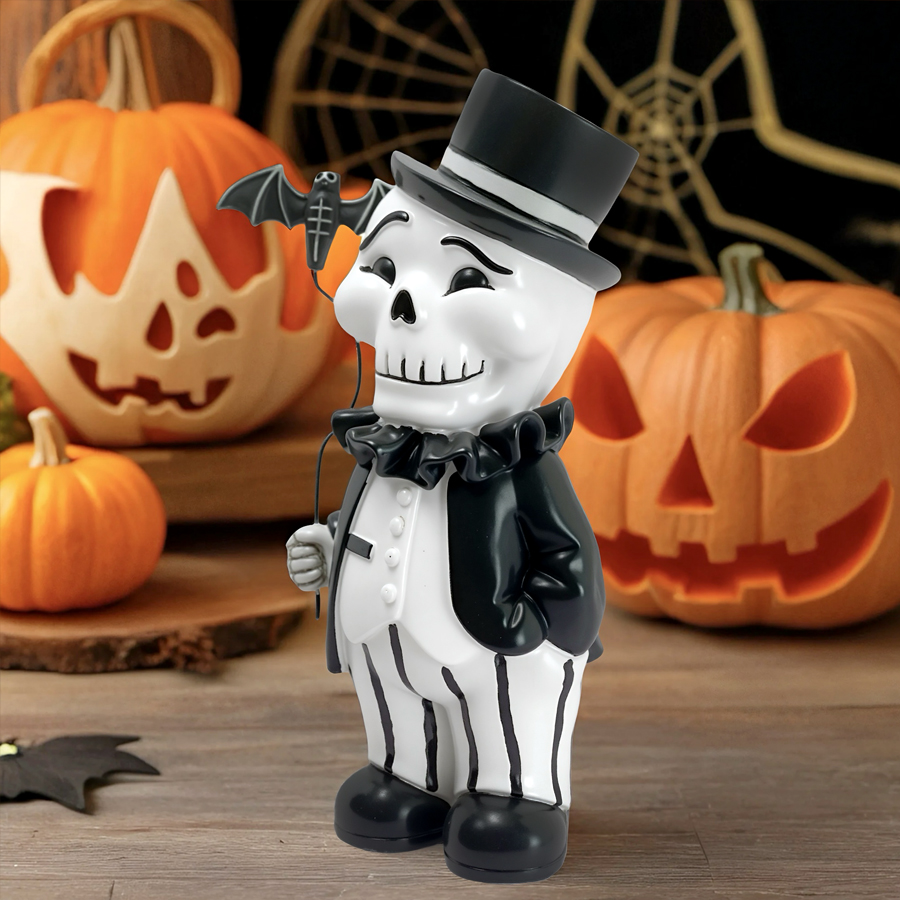 Halloween Gentleman Skeleton Figurine Resin Statue with Bat Balloon Retro Gothic Skull Man Ornament Spooky Tabletop Shelf Decor Halloween Party Indoor Home Decoration Holiday Gift