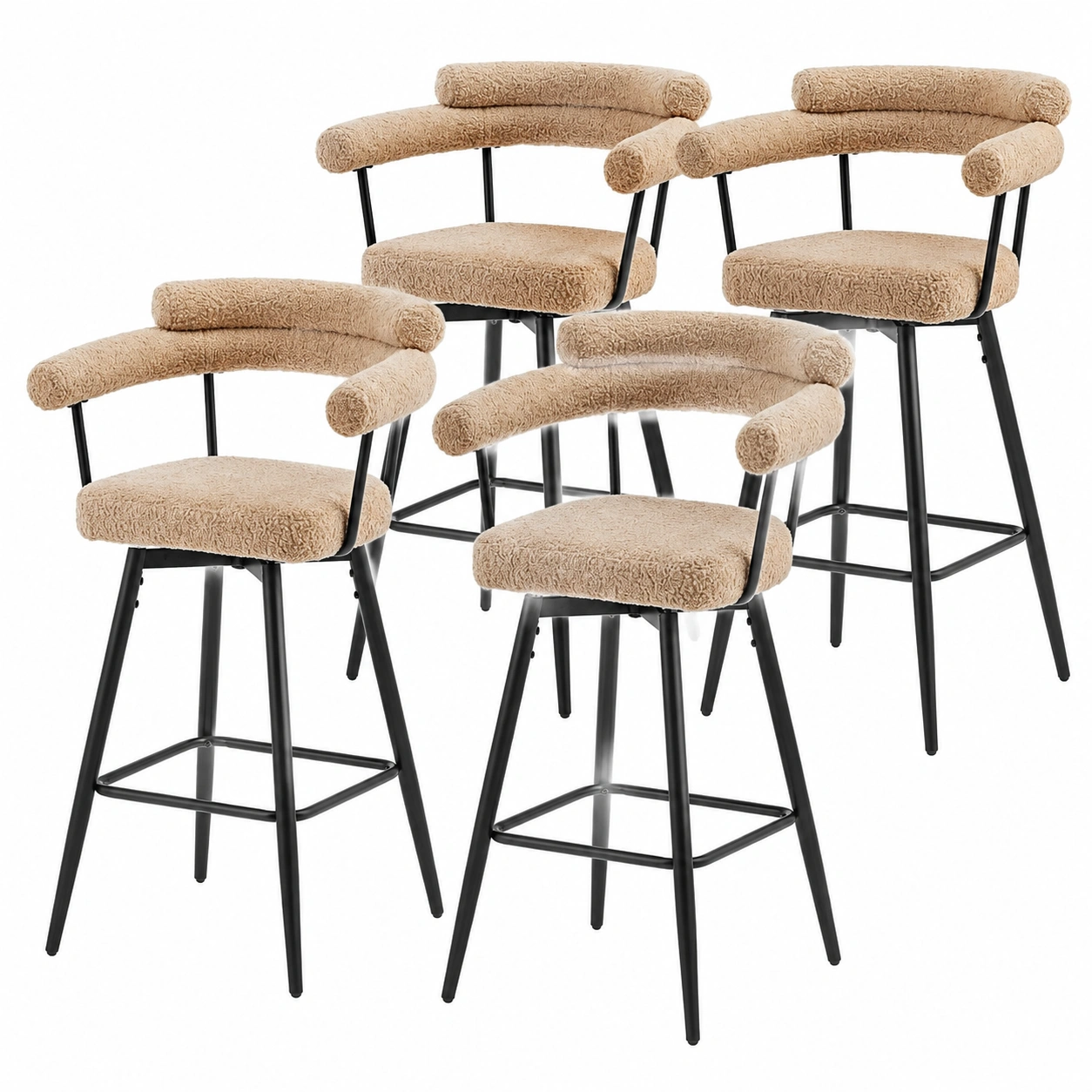 Tabourets de Bar Pivotants en Tissu Teddy, Couleur Marron, Hauteur 76 cm, avec Accoudoirs et Dossier, Rotation à 360°, Repose-Pieds-timberahome