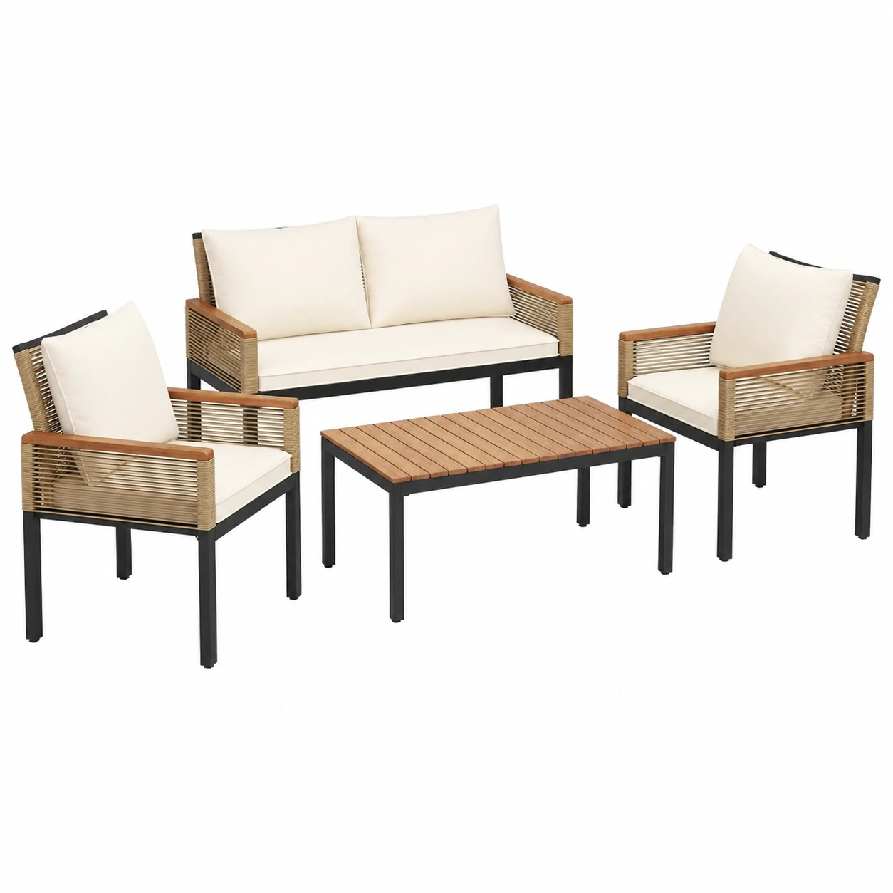 Ensemble Mobilier de Jardin pour 4 Personnes, Canapé, Fauteuils et Table Basse en Rotin avec Coussins Confortables-timberahome