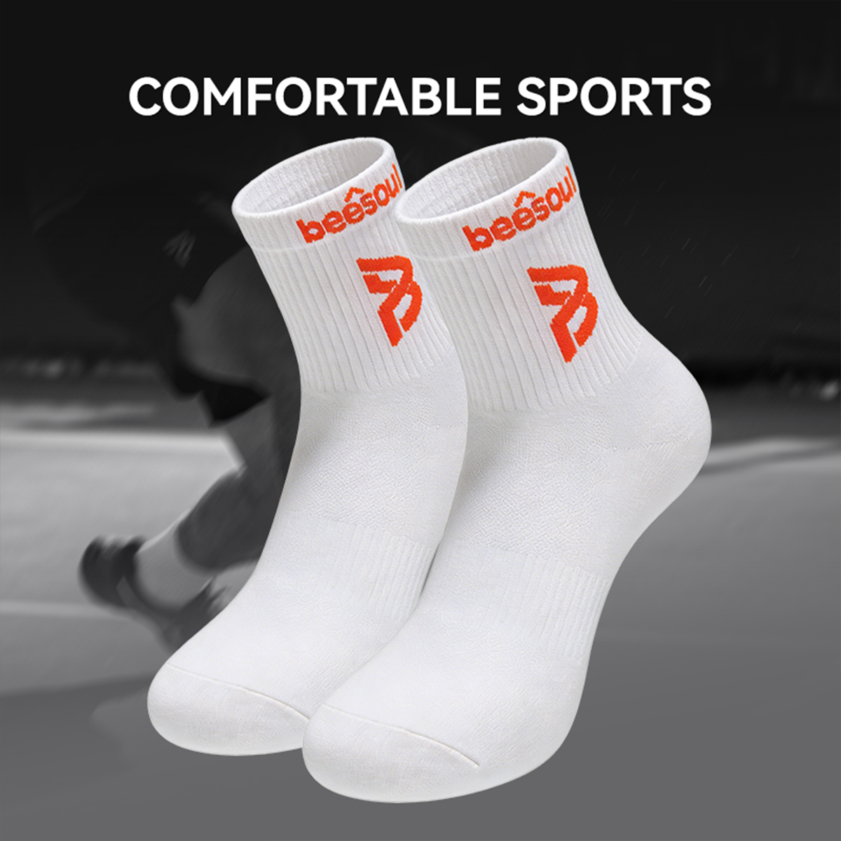 beesoul Pickleball Sports Socks, Mid-Calf, Breathable, Summer, Professional, Breathable, 100% Cotton, Unisex, White
