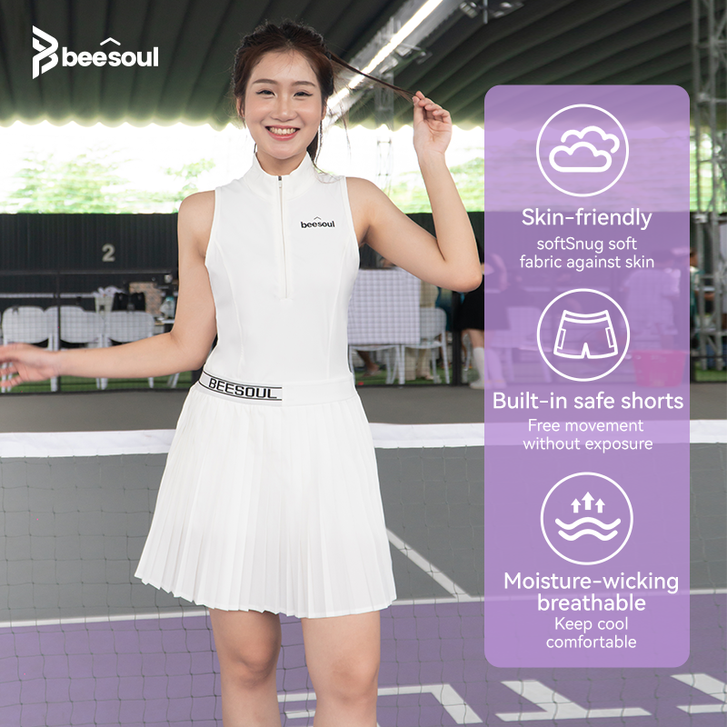 Beesoul Pickleball Skirt, Women's Sports Dress, Two-Piece Set, Tennis Skirt, Quick-Dry, White