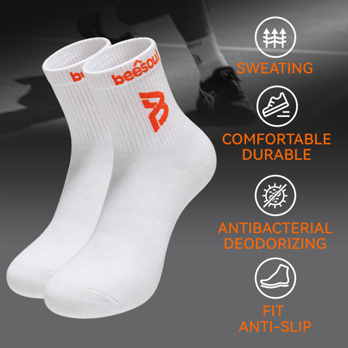 beesoul Pickleball Sports Socks, Mid-Calf, Breathable, Summer, Professional, Breathable, 100% Cotton, Unisex, White