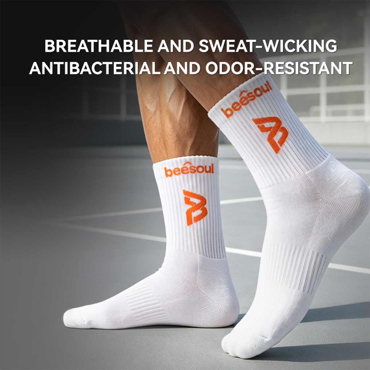 beesoul Pickleball Sports Socks, Mid-Calf, Breathable, Summer, Professional, Breathable, 100% Cotton, Unisex, White
