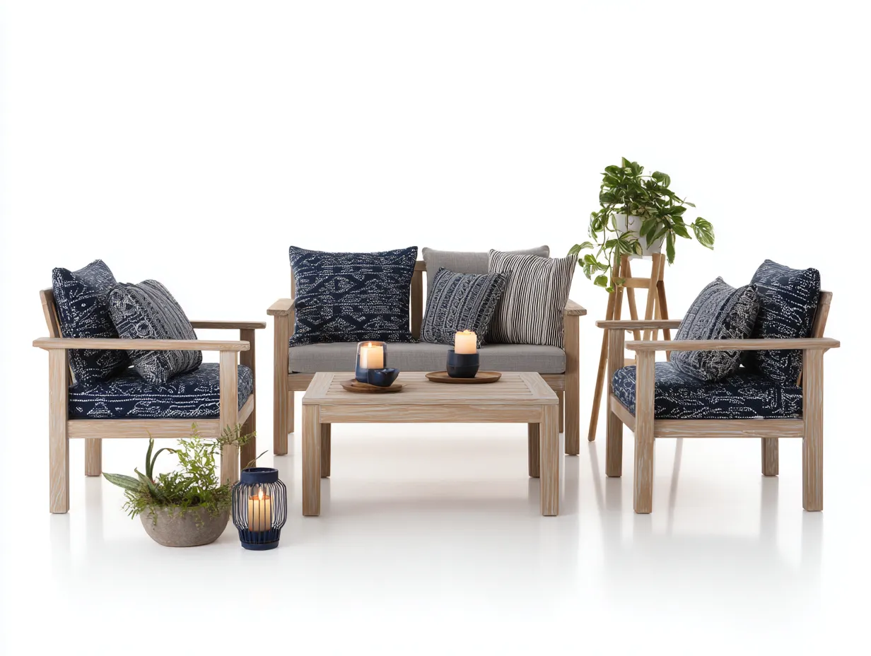 Conjunto De Muebles de exterior madera decapada 152x78x73 cm - estampado azul hojas - mesa listonada