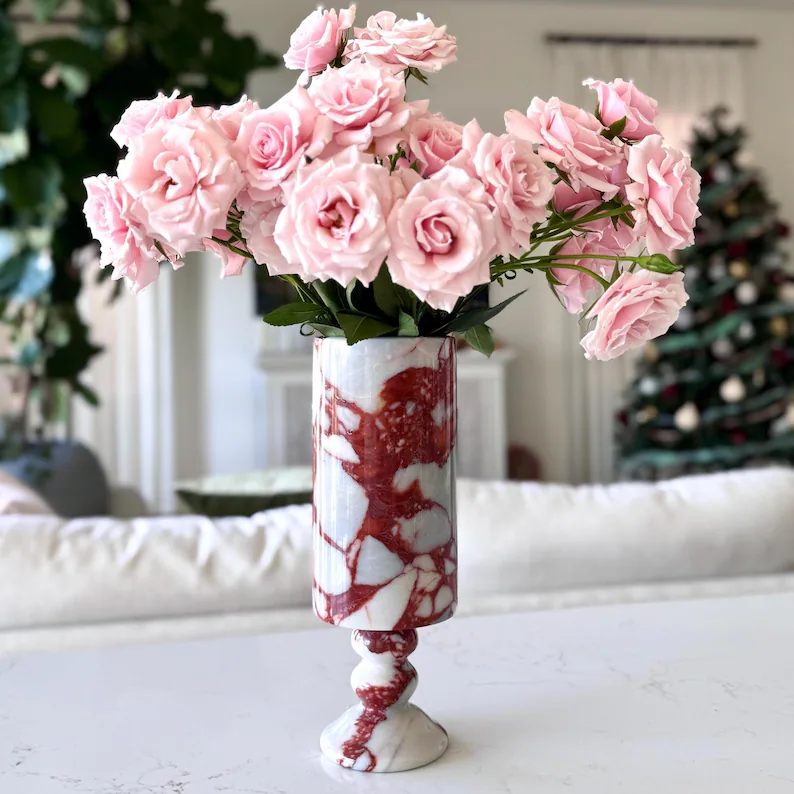 Modern Marble Flower Vase - Elegant Stone Decor for Coffee Table or Side Table - 10" Tall Decorative Natural Marble Vase