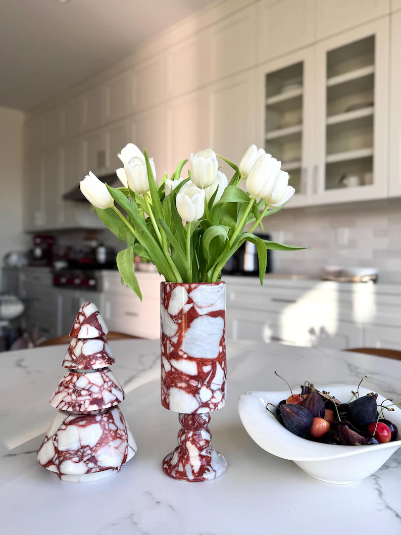 Modern Marble Flower Vase - Elegant Stone Decor for Coffee Table or Side Table - 10" Tall Decorative Natural Marble Vase