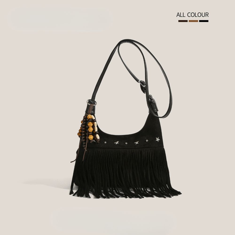 Women’s Boho Fringe Shoulder Bag with Suede-Look Finish