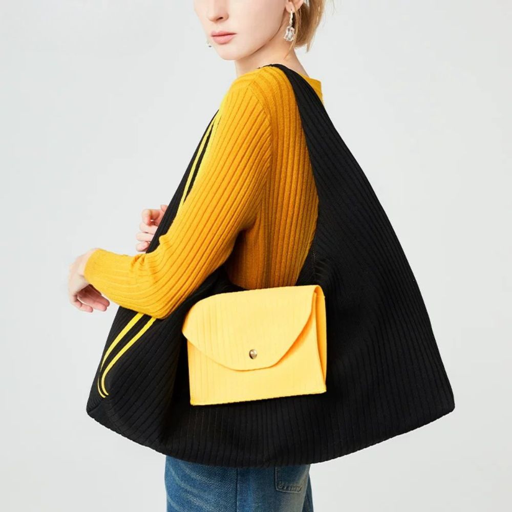 Textured Knit Tote Bag with Front Flap Pocket
