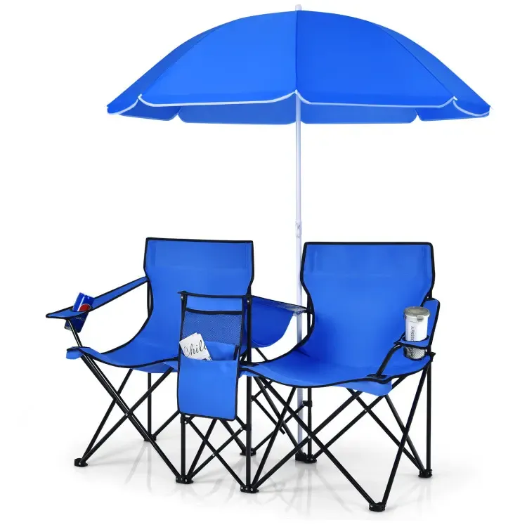 Double Portable Picnic Chairs, Folding Camping Chairs w/Detachable Umbrella, Cooler Bag, Cup Holders, Patio Beach Camping Chairs for Outdoors football baseball season