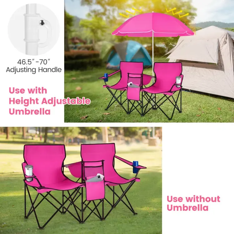 Double Portable Picnic Chairs, Folding Camping Chairs w/Detachable Umbrella, Cooler Bag, Cup Holders, Patio Beach Camping Chairs for Outdoors football baseball season
