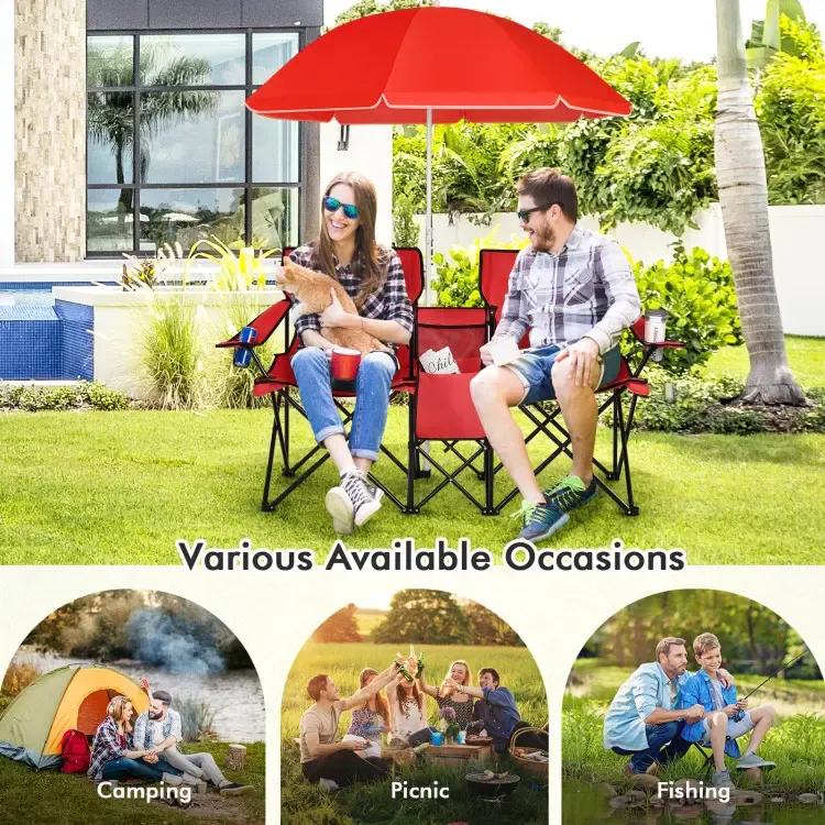 Double Portable Picnic Chairs, Folding Camping Chairs w/Detachable Umbrella, Cooler Bag, Cup Holders, Patio Beach Camping Chairs for Outdoors football baseball season