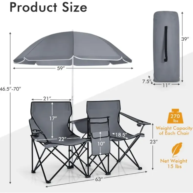 Double Portable Picnic Chairs, Folding Camping Chairs w/Detachable Umbrella, Cooler Bag, Cup Holders, Patio Beach Camping Chairs for Outdoors football baseball season