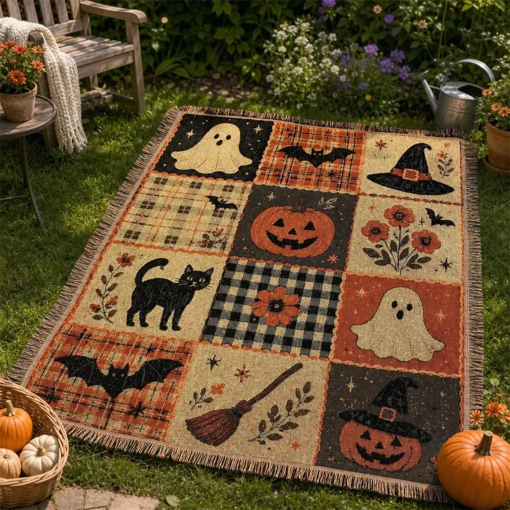 Halloween Patchwork Style Woven Blanket with Tassel Bed Blanket, Multi-Function Also for Sofa Cover Couch Throw Blanket Armchair Home Decor Room Wall Art Tapestry Furniture Slipcover Tablecloth Shawl Outdoor Picnic Camping Beach Towel Office Nap Hippie