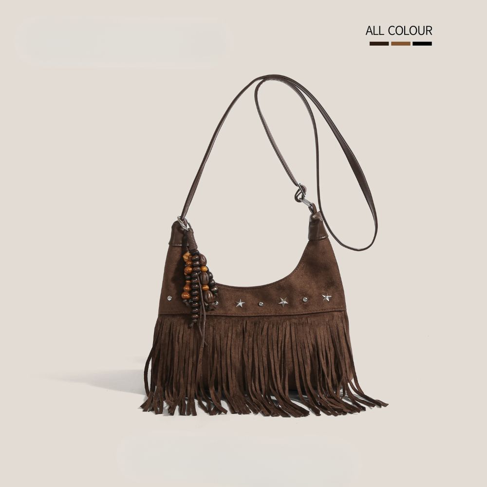 Women’s Boho Fringe Shoulder Bag with Suede-Look Finish