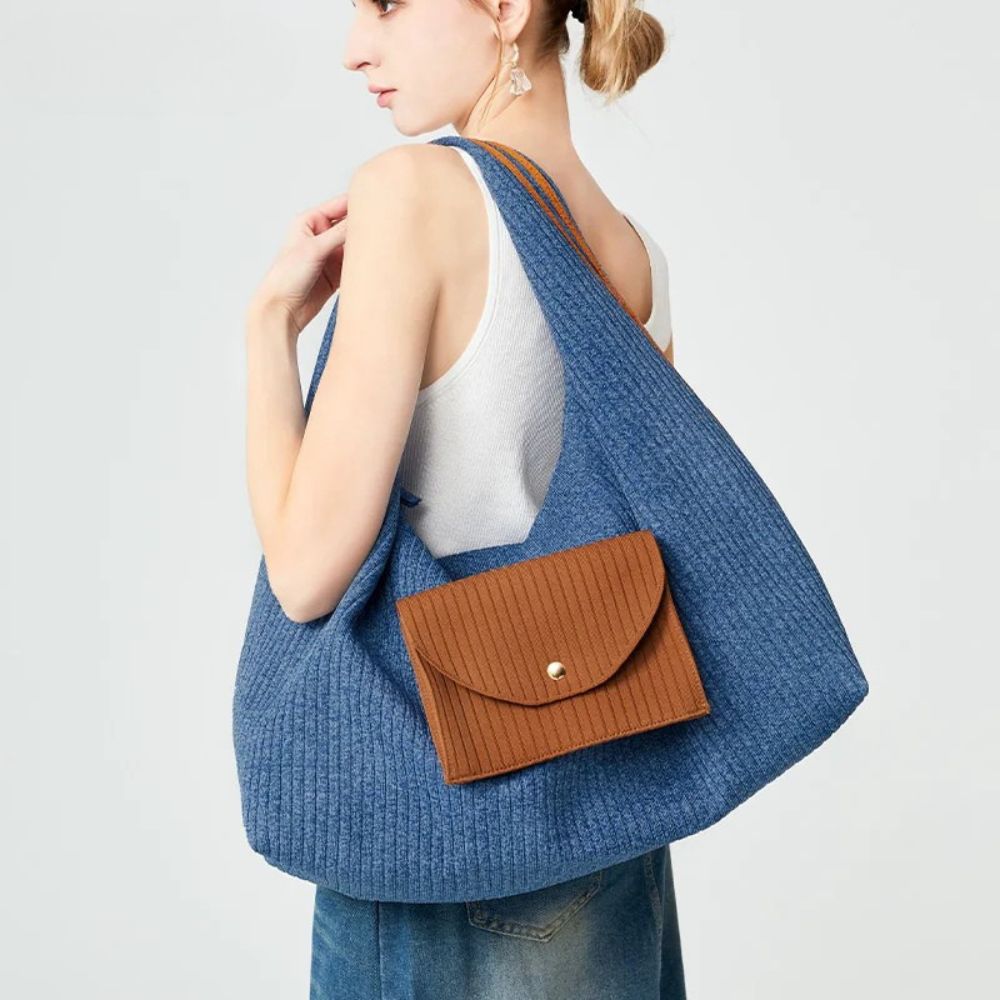 Textured Knit Tote Bag with Front Flap Pocket