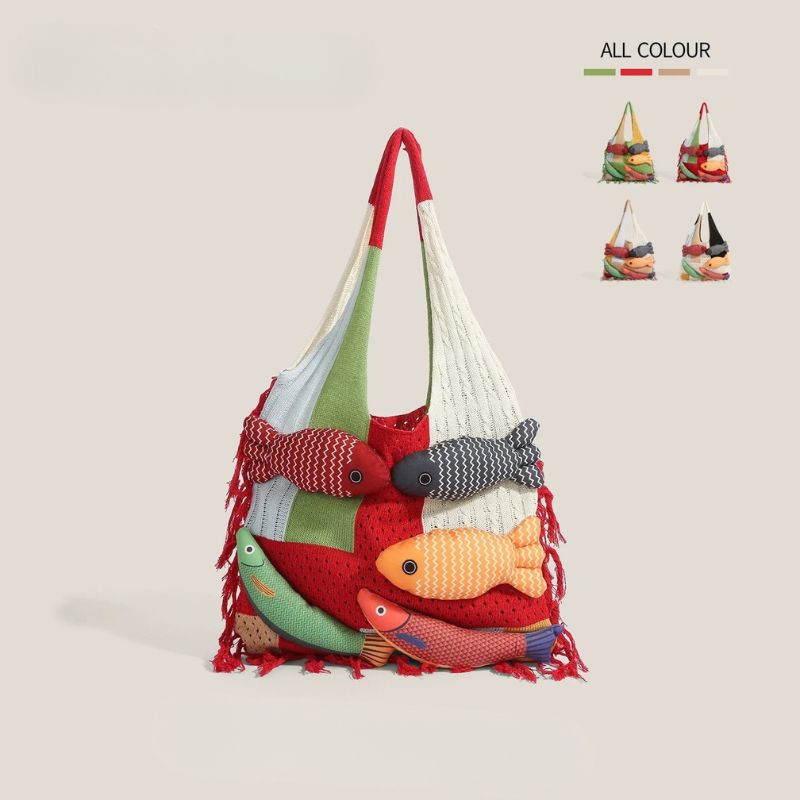 Unique Knitted Tote Bag for Women - Casual Woven Shoulder Bag