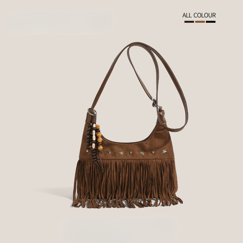 Women’s Boho Fringe Shoulder Bag with Suede-Look Finish