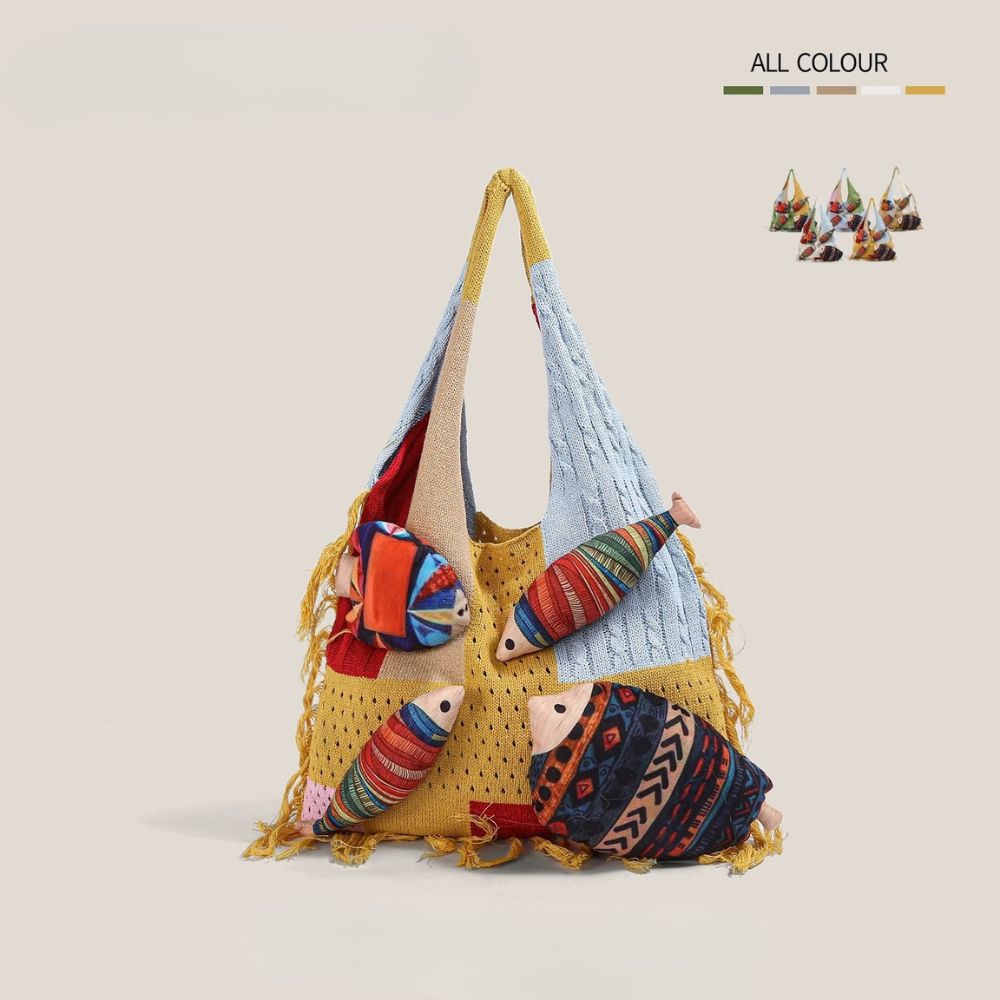 Unique Knitted Tote Bag for Women - Casual Woven Shoulder Bag