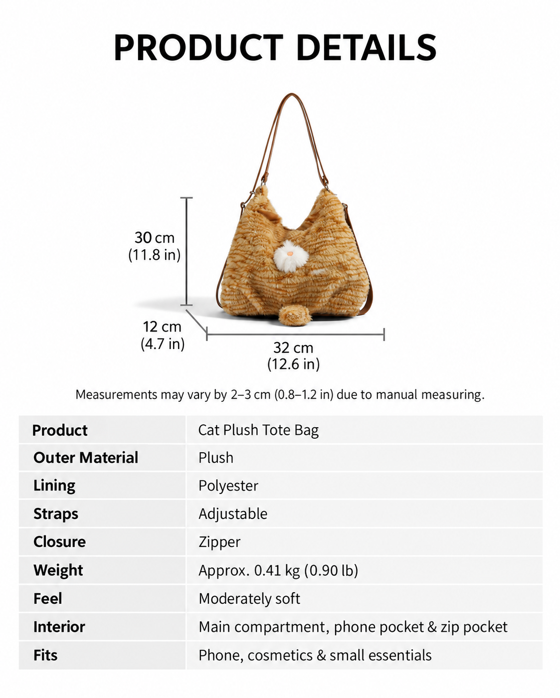 Tabby Cat Plush Tote Bag with Adjustable Straps